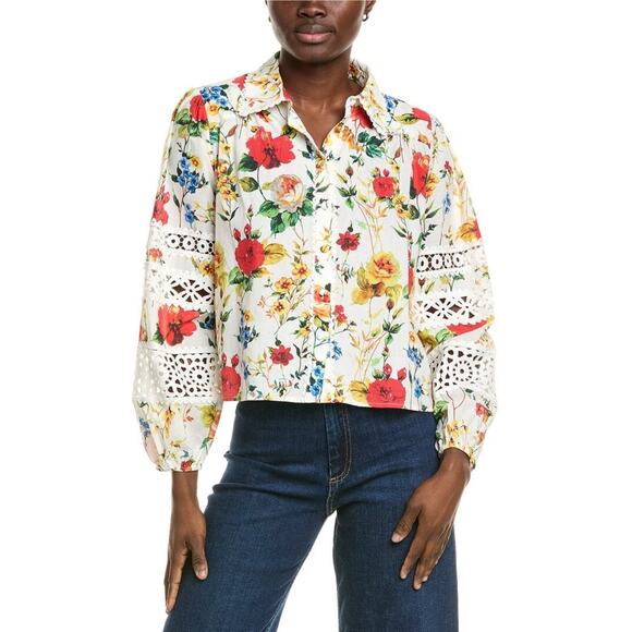 NWT Elie. Tahari High Collar Floral Lace Embellished Women's Blouse Top Shirt L - Picture 1 of 10